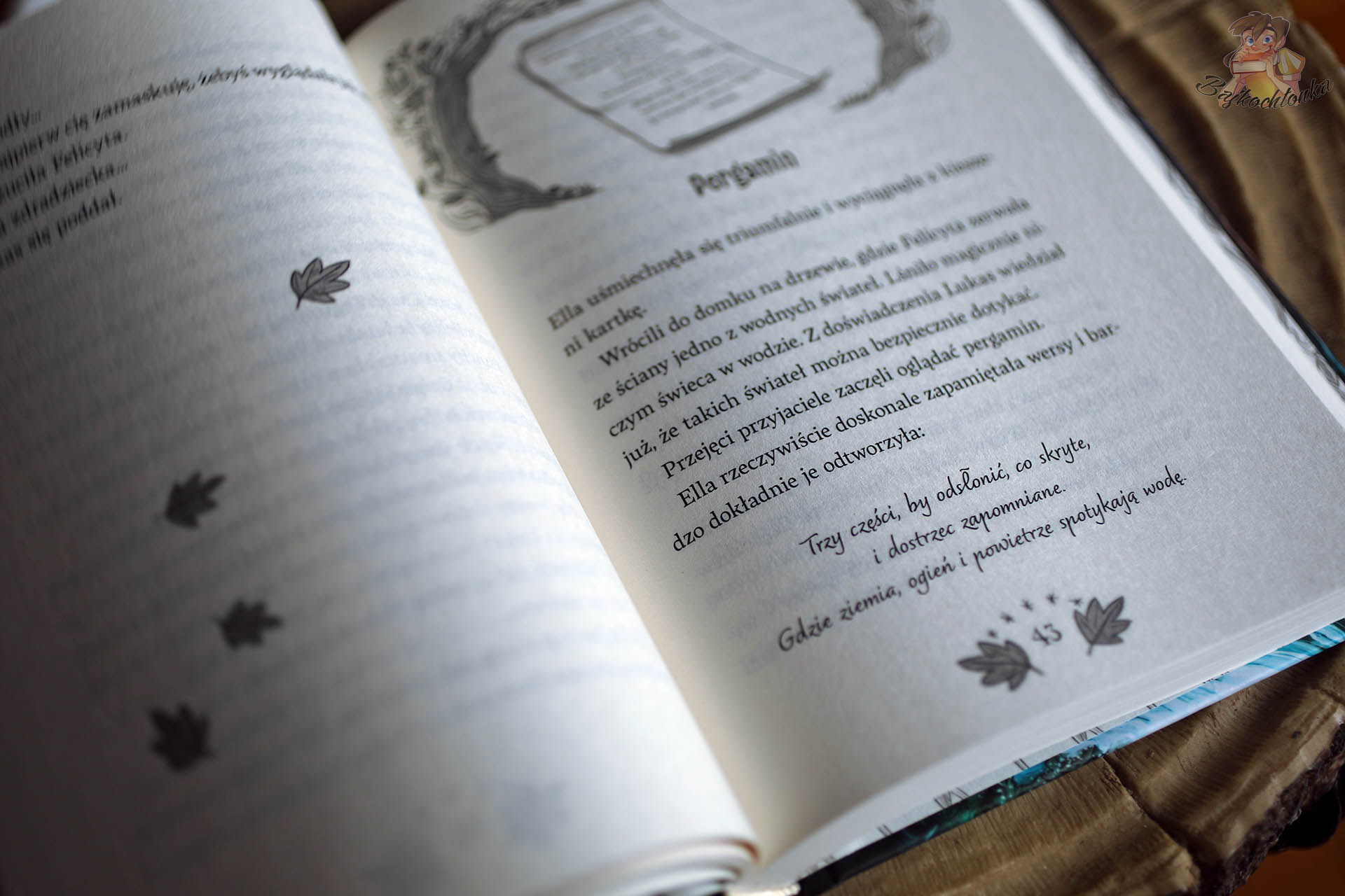 Wnętrze książki Zaginiony profesor. Las Szeptów. Tom 2 – fragment tekstu z zagadką zapisany na pergaminie i ozdobne ilustracje liści