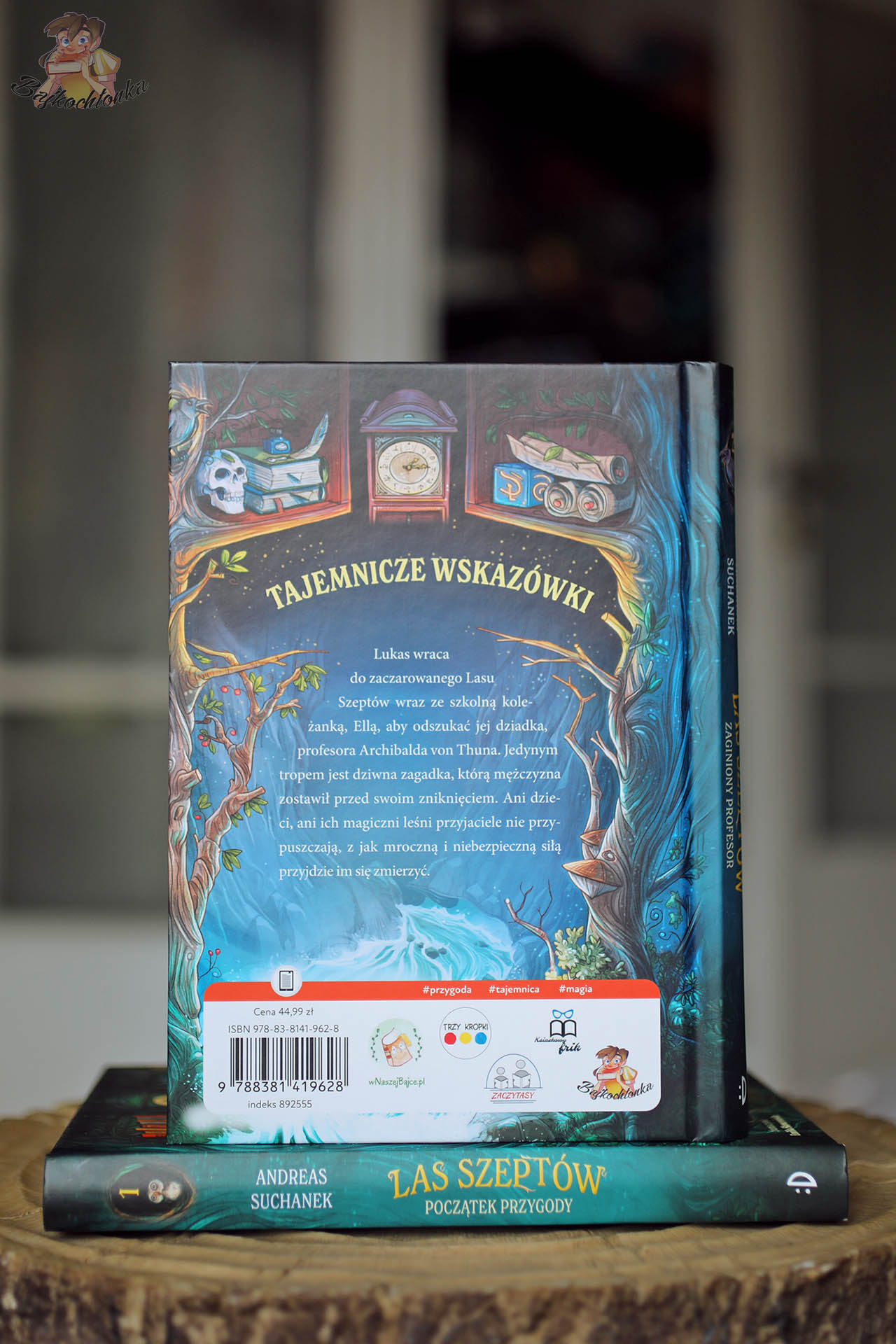 Tył okładki książki Zaginiony profesor. Las Szeptów. Tom 2 z opisem fabuły i elementami graficznymi nawiązującymi do tajemnicy i magii