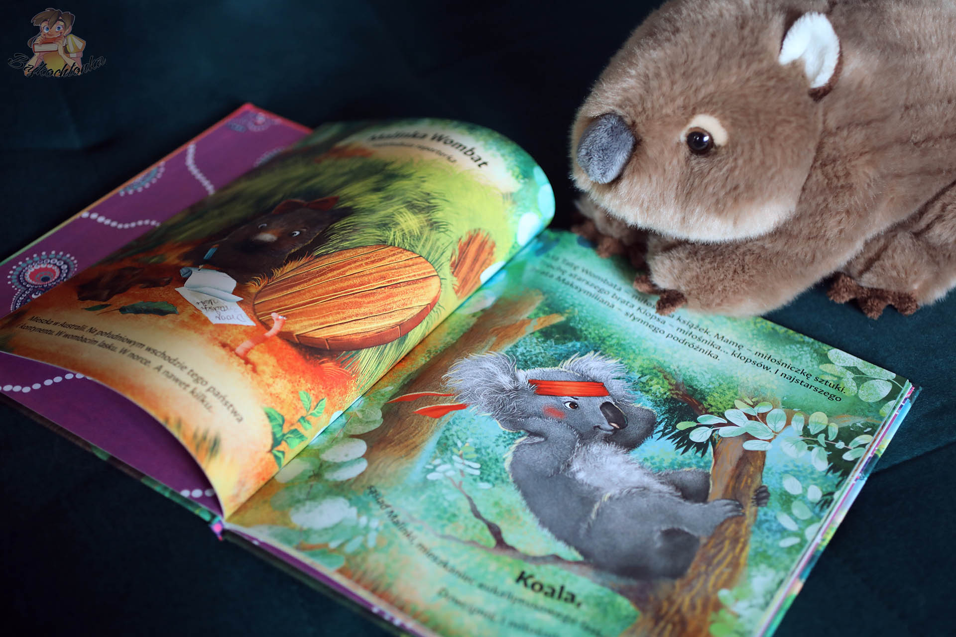 „Malinka Wombat i Koala” – ilustracja z wnętrza książki przedstawiająca leśną gimnastykę i bohaterów serii