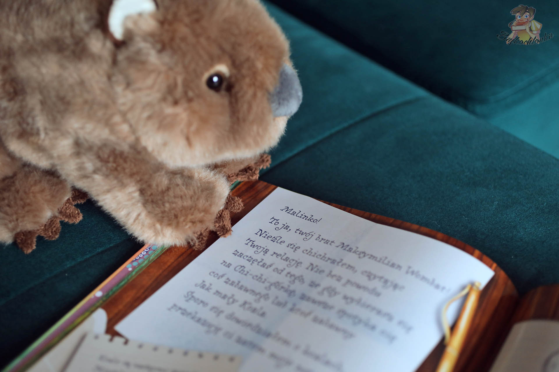 Rozkładówka z książki „Malinka Wombat i Koala” – scena wspólnej zabawy i ćwiczeń bohaterów