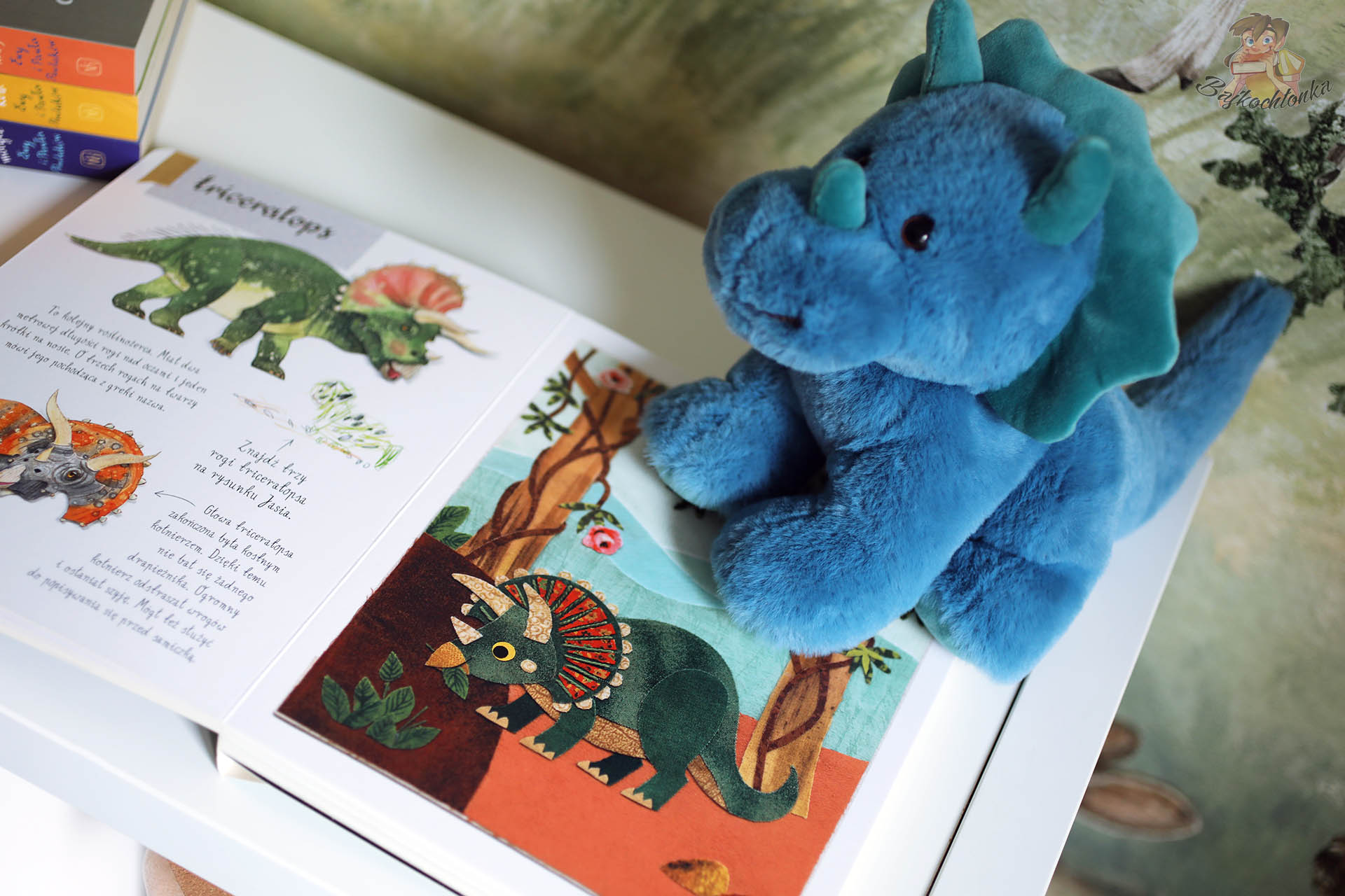 Ilustracja triceratopsa w książce Mały atlas dinozaurów autorstwa Ewy i Pawła Pawlaków