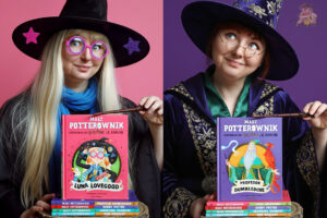 Autorka bloga Bajkochłonka w stylizacji inspirowanej Luną Lovegood i profesorem Dumbledore’em prezentuje książki Mały Potterownik – przewodniki po serii Harry Potter