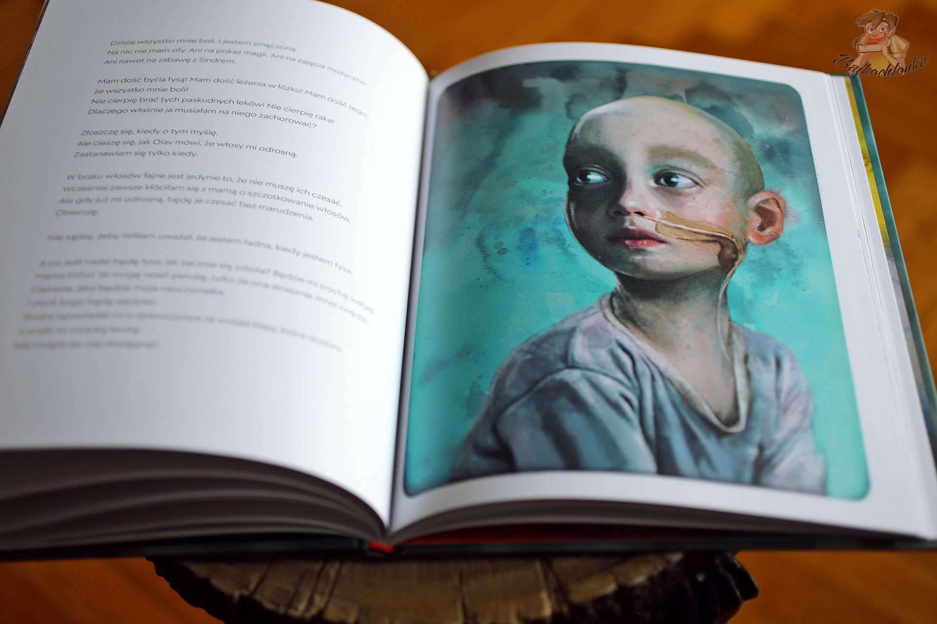 Portret chorego dziecka w książce Na grzbiecie jednorożca – ilustracja ukazująca emocje i samotność