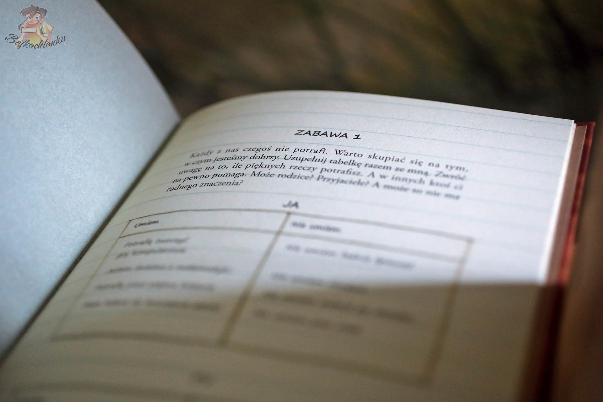 Strona z zadaniami do rozmowy o emocjach w książce „Nie znajdziesz mnie po śladach stóp”