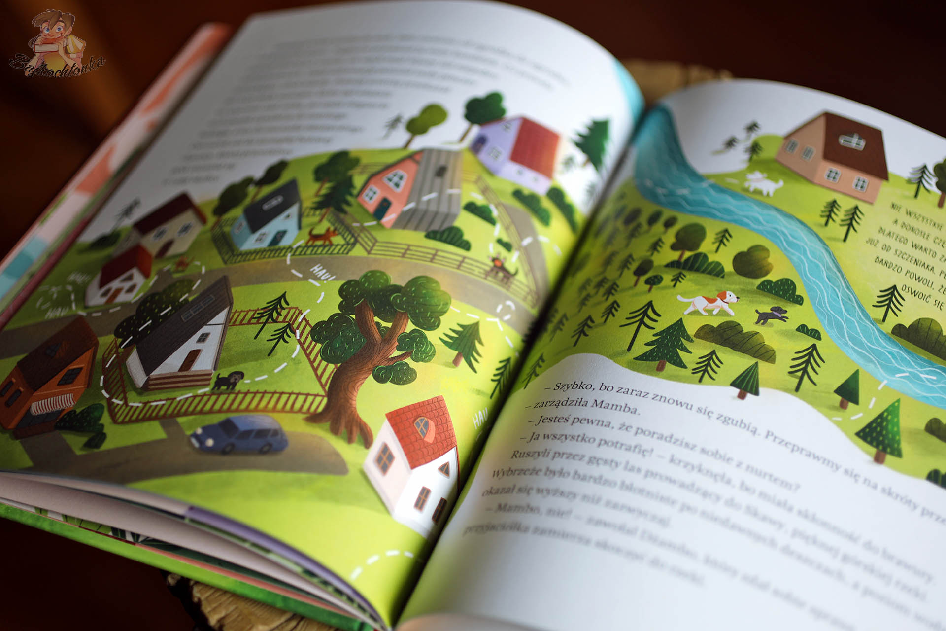 Rozkładówka z książki „Psia Chatka. Szczeniaki w potrzebie” – ilustracja domu tymczasowego i okolicy, książka o psach dla dzieci