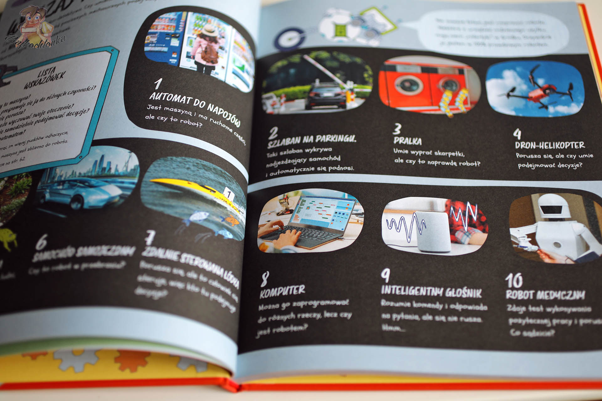 Strony książki Roboty i AI z przykładami maszyn takich jak dron, komputer i robot medyczny