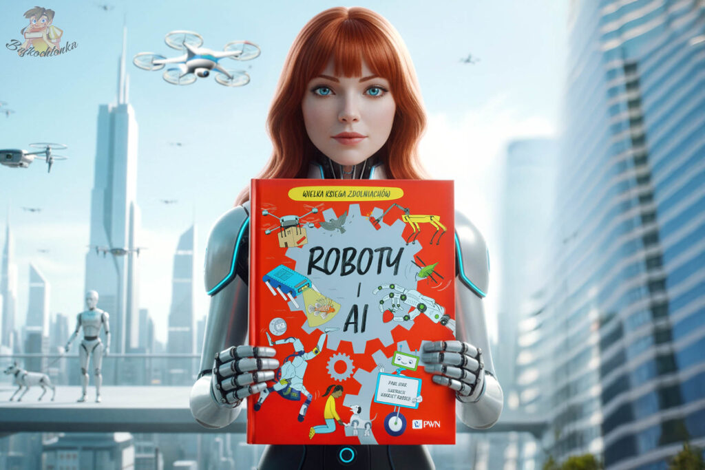 Ilustracyjna grafika przedstawiająca humanoidalną postać z książką Roboty i AI na tle futurystycznego miasta