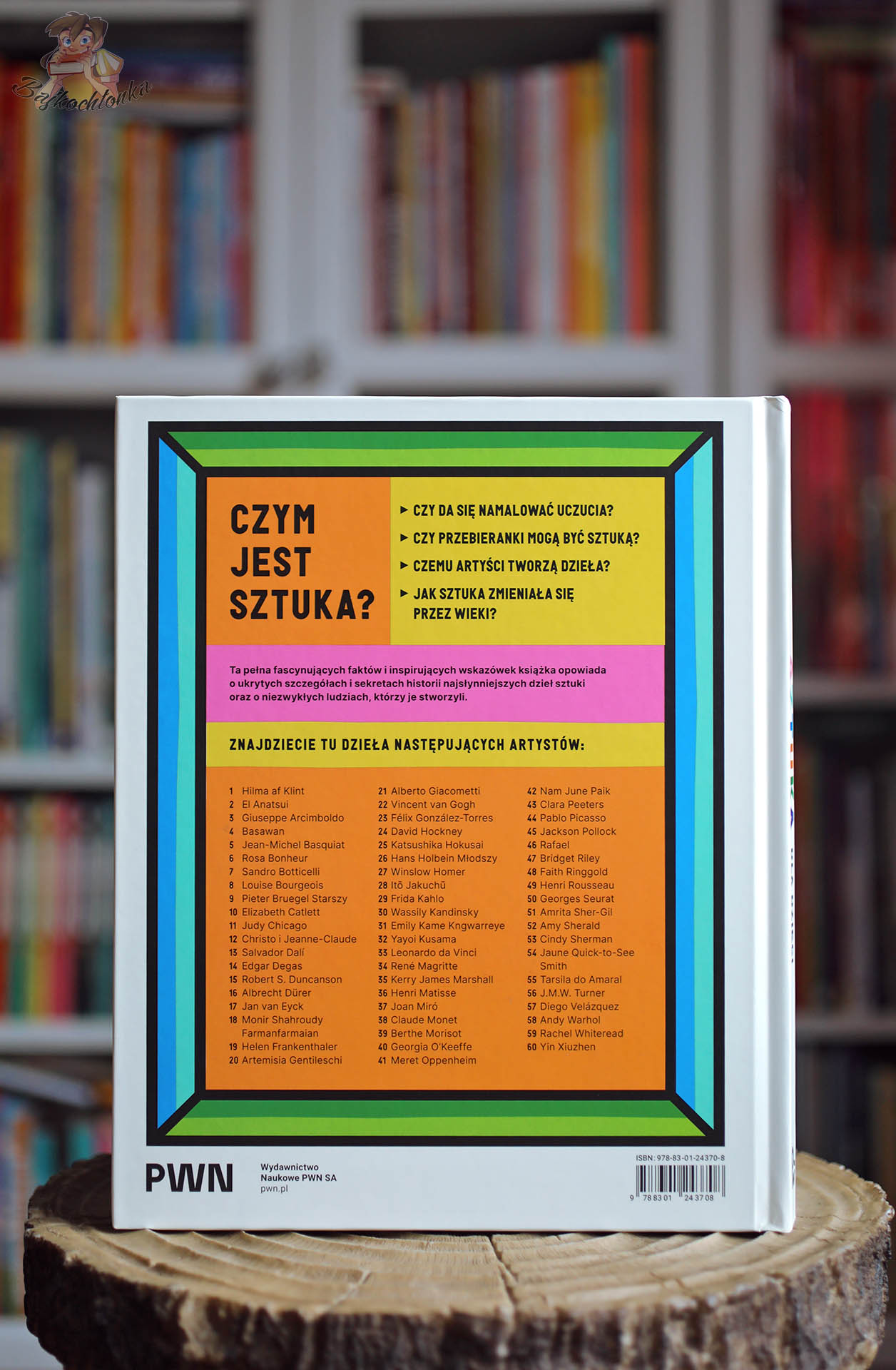 Tył okładki książki „Sztuka dla dzieci” PWN z opisem i listą prezentowanych artystów