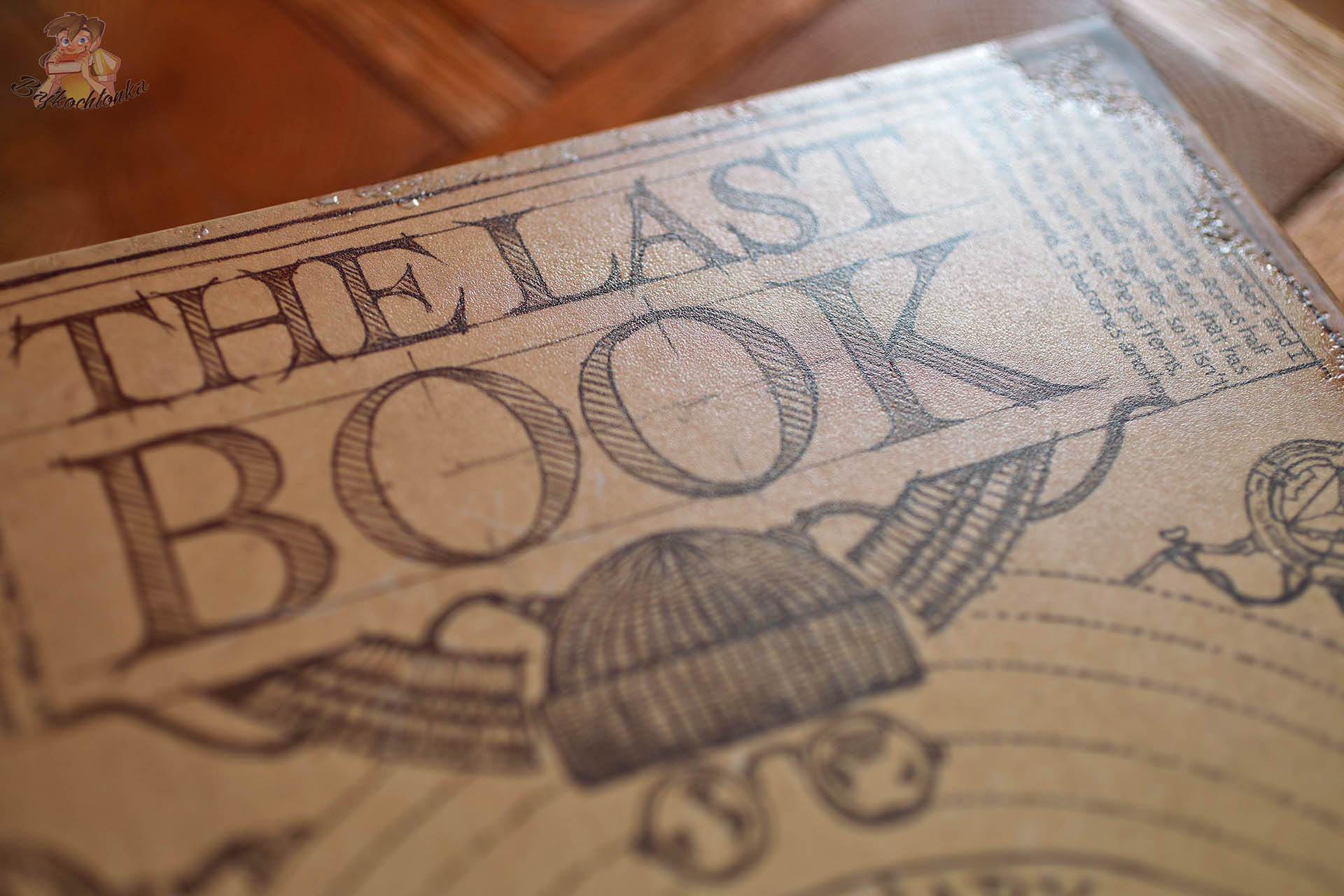 Close-up detail of The Last Book cover showing textured vintage design and celestial diagram artwork