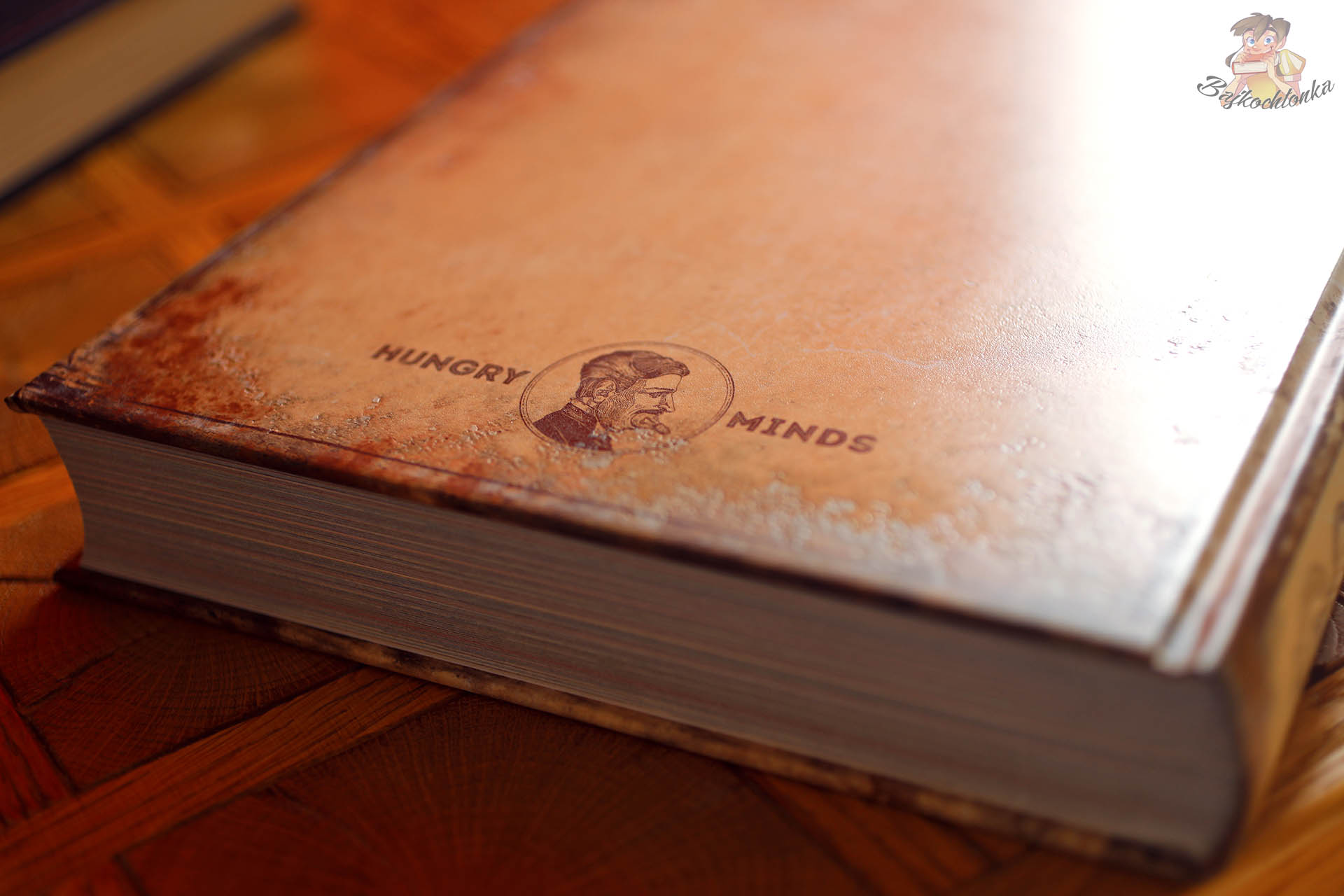 Close-up detail of The Last Book cover showing textured vintage design and logo