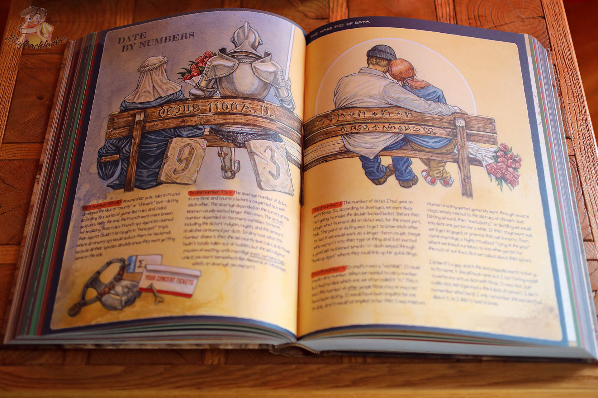 Illustrated spread from The Last Book showing symbolic scenes of relationships and historical references in a philosophical artbook format