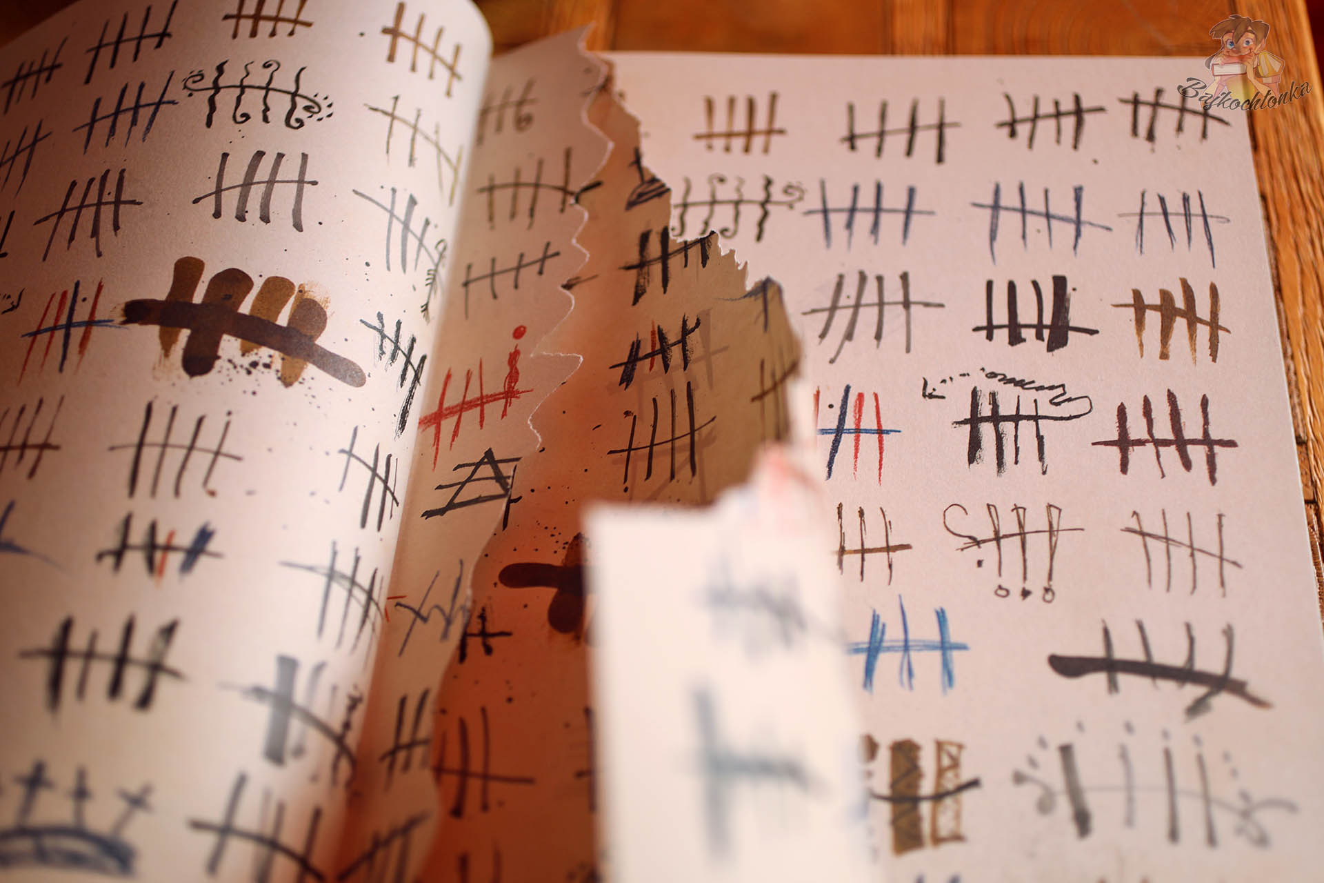 Close-up of handwritten tally marks and distressed paper design in The Last Book, emphasizing the diary of the last earthling concept