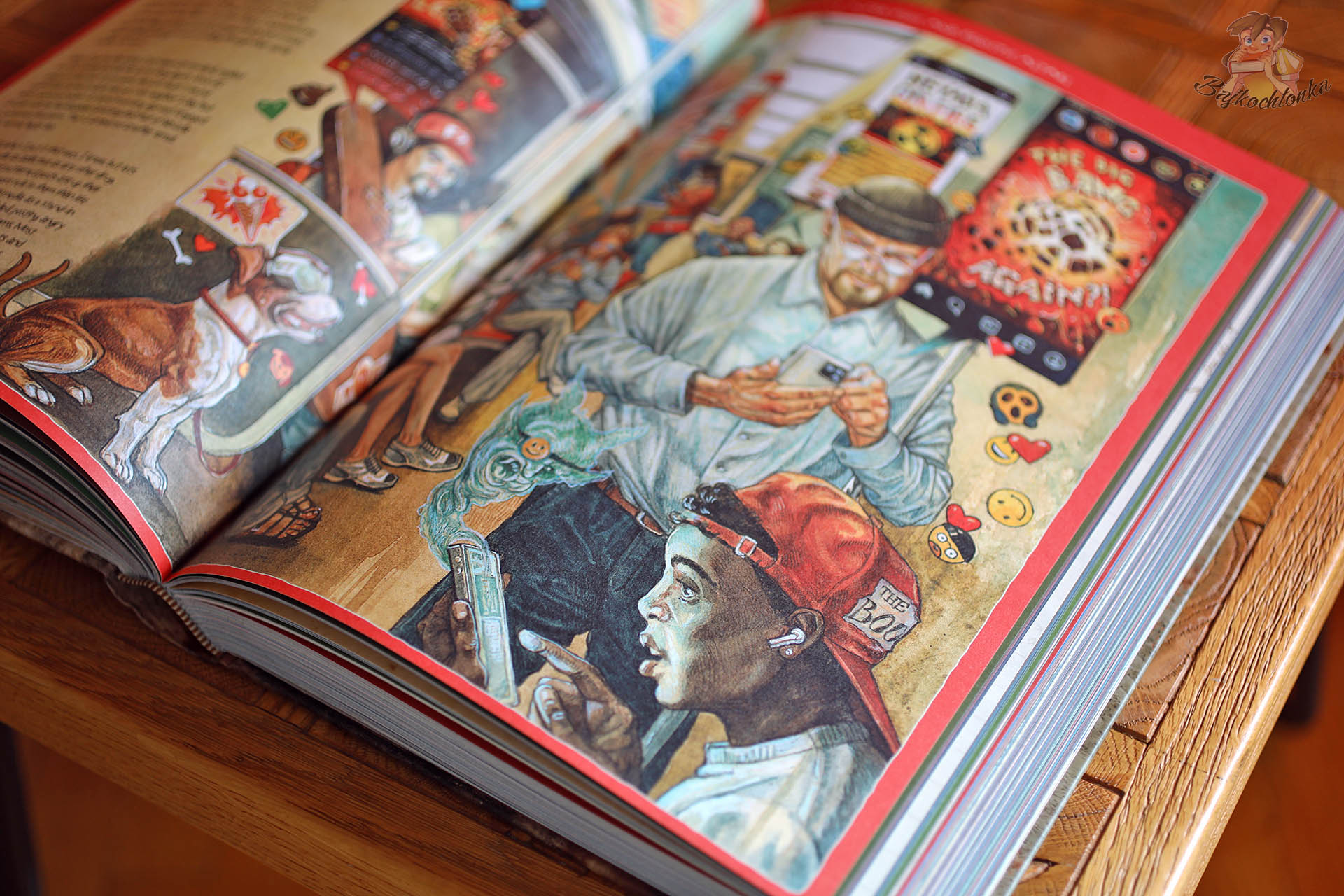 Detailed interior artwork from The Last Book depicting modern society, smartphones, gaming culture, and social media symbolism