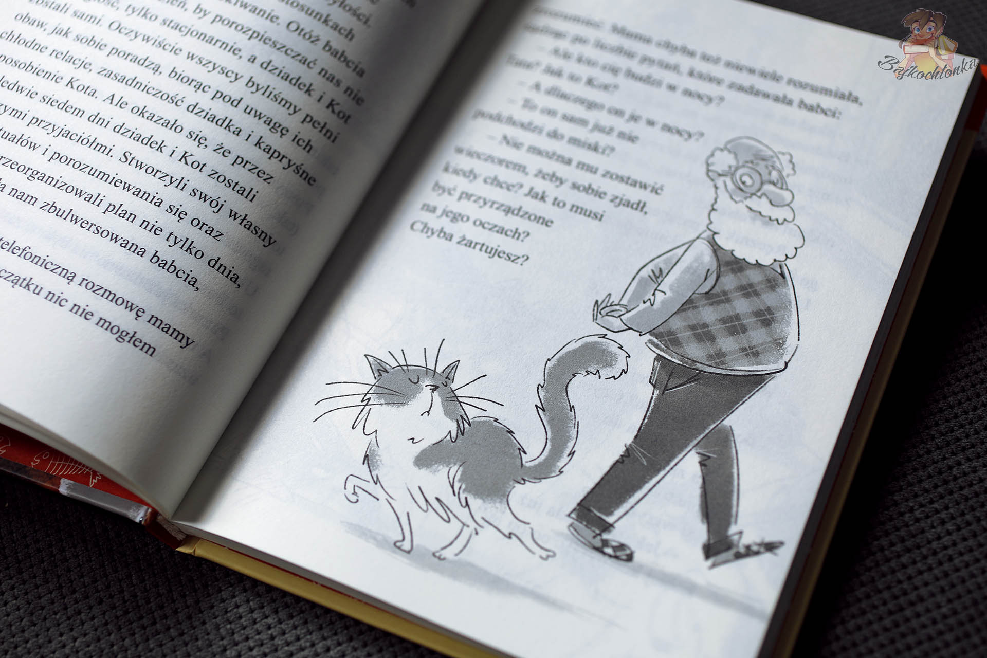 Dziadek naszego kota – ilustracja kota i dziadka spacerujących razem