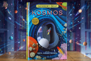 Okładka książki Papierowy świat Kosmos wydawnictwa Tekturka z ilustracją rakiety i planet, książka o kosmosie dla dzieci z ponad 30 okienkami