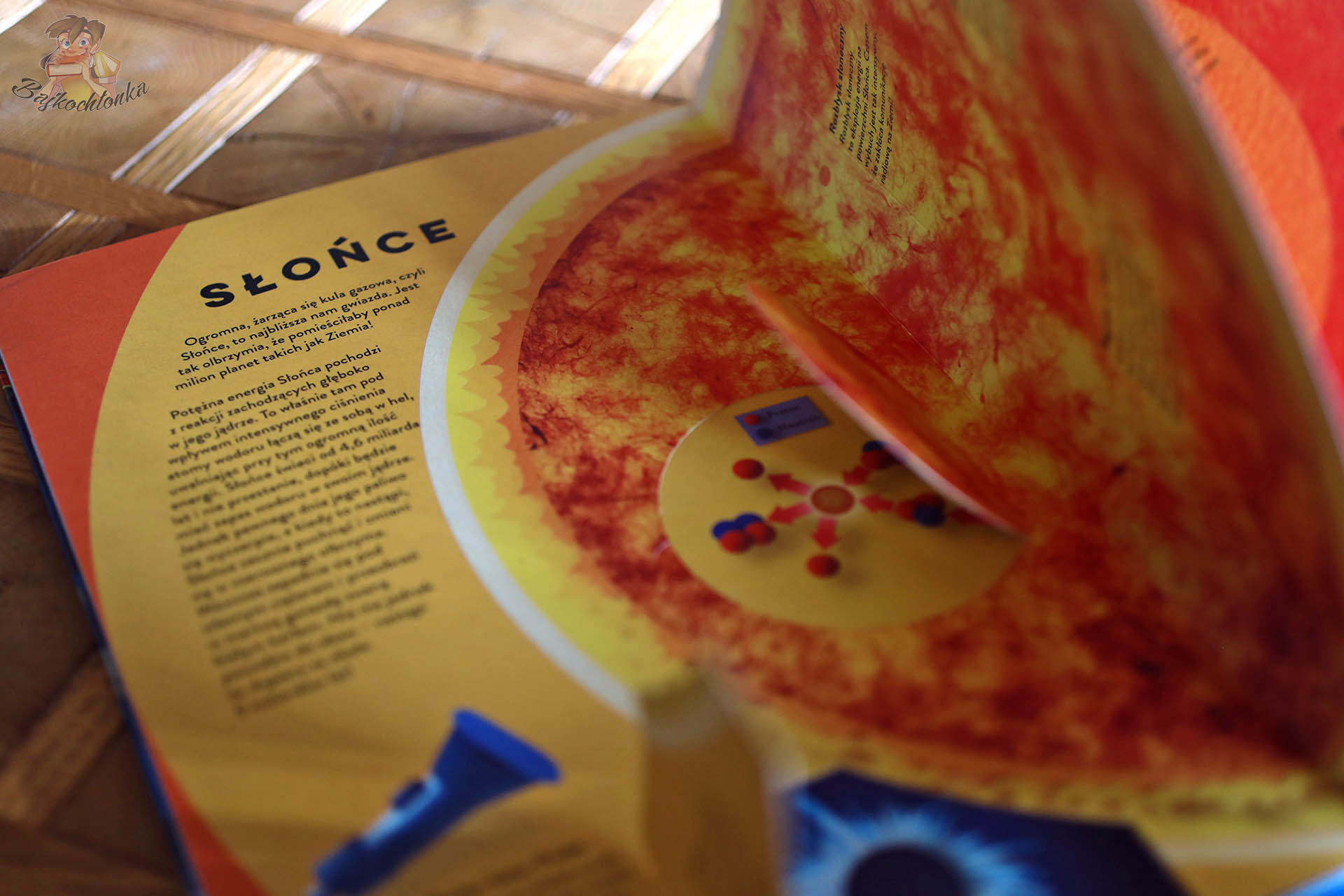 Przestrzenna ilustracja Słońca z przekrojem w książce Papierowy świat Kosmos, książka astronomiczna dla dzieci z efektami 3D