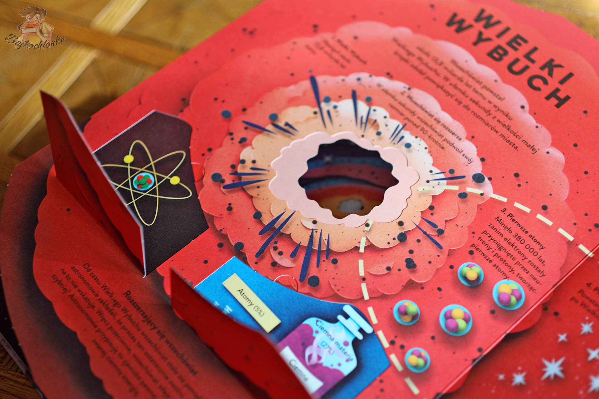 Strona książki Papierowy świat Kosmos z przestrzenną ilustracją Wielkiego Wybuchu i otwieranymi okienkami, popularnonaukowa książka o kosmosie dla dzieci