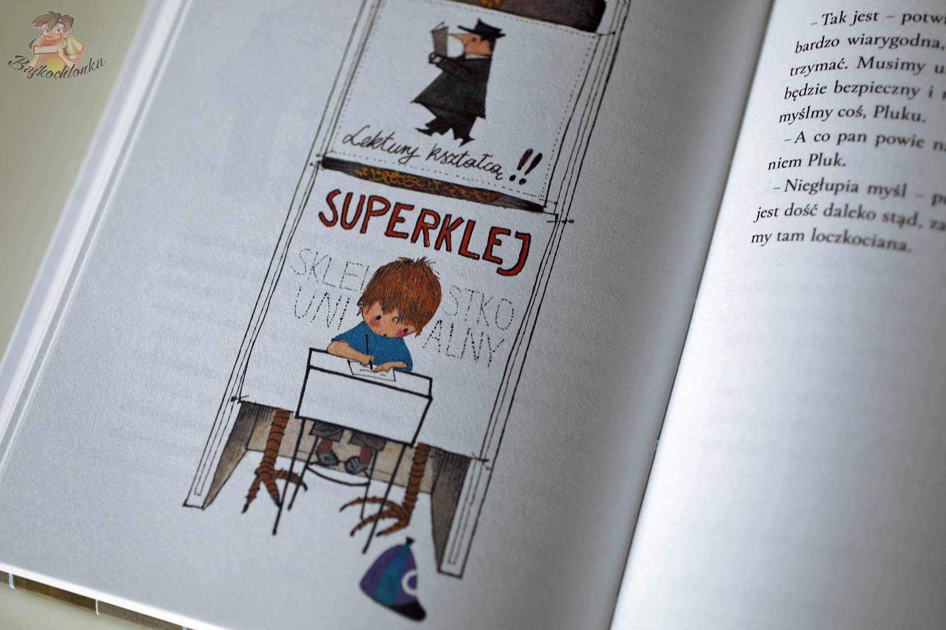 ilustracja z książki Pluk z samej góry przedstawiająca reklamę sklepu Superklej w humorystycznym stylu Fiep Westendorp