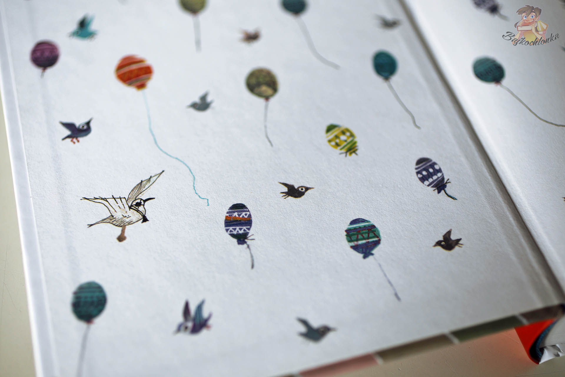 wyklejka książki Pluk z samej góry z kolorowymi balonami i ptakami w charakterystycznym stylu ilustracji