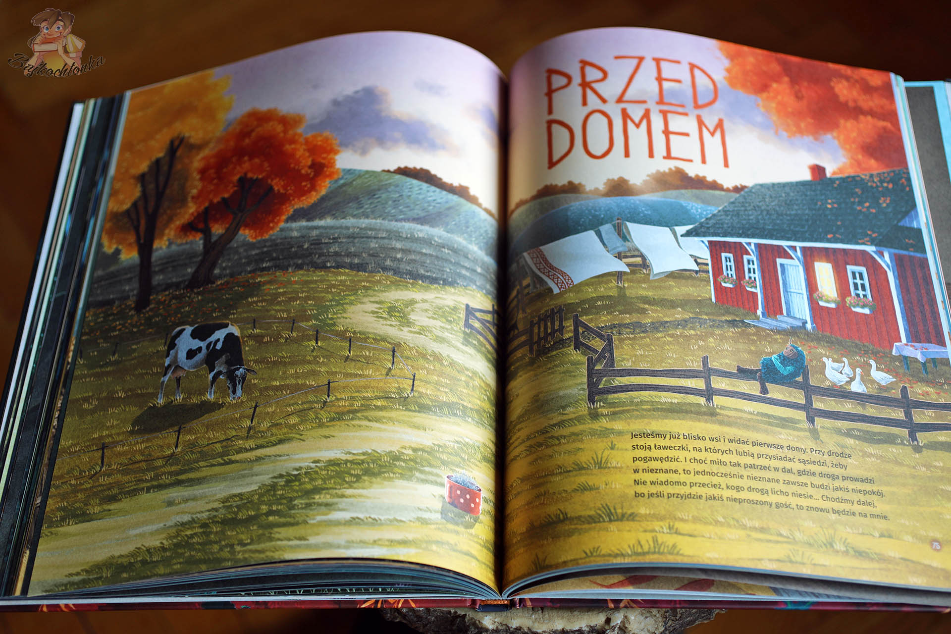 Ilustracja z książki Słowiańskie stwory Anny Stasiak przedstawiająca wieś i rozdział „Przed domem”