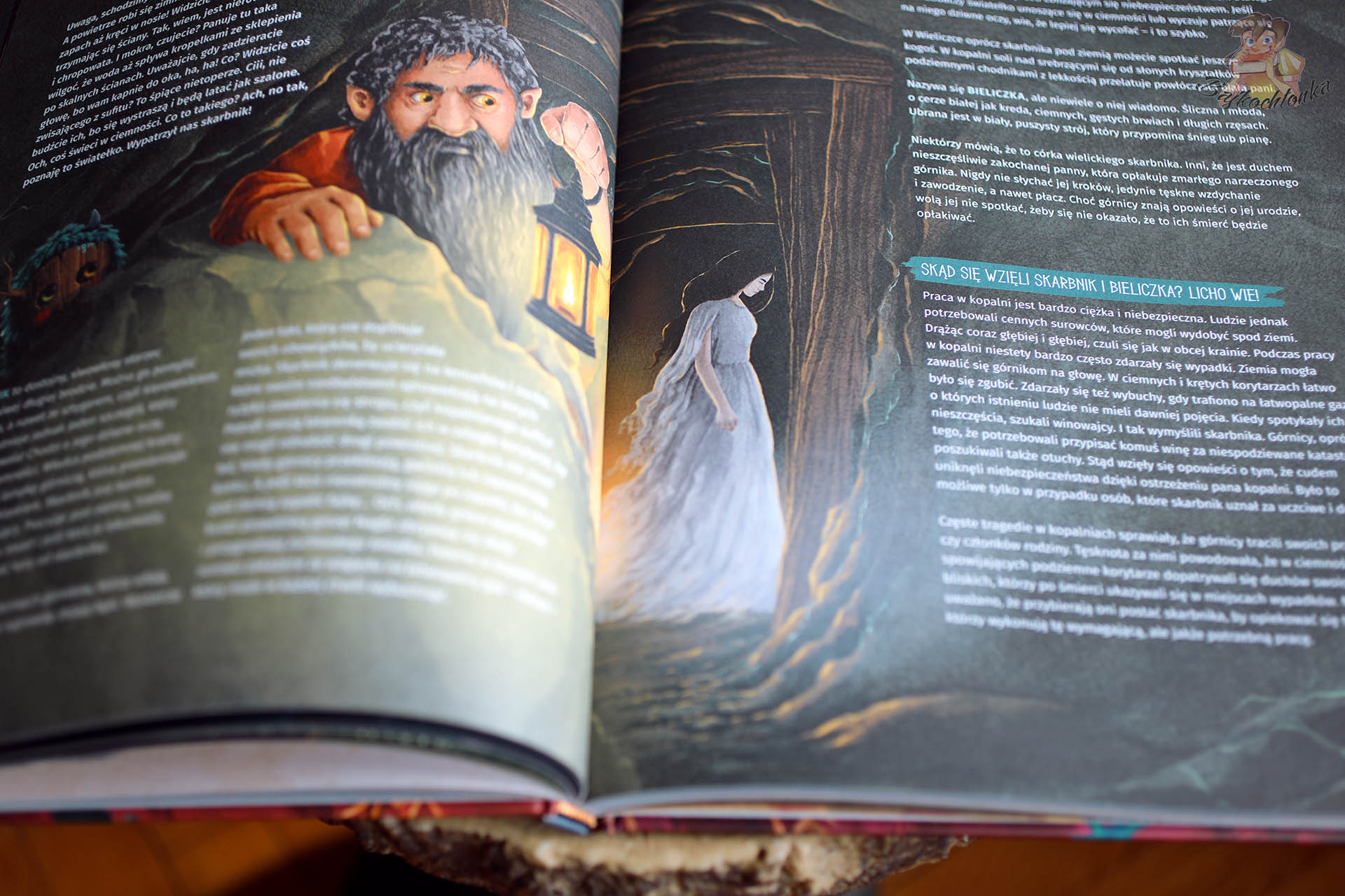 Ilustracja skarbnika i bieliczki w kopalni z książki Słowiańskie stwory