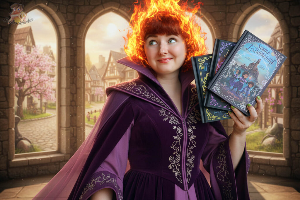 kobieta w stroju astromaga z płonącymi włosami trzymająca książki z serii Szkoła Astromagów Tajniki Ognia Anny Włodarkiewicz