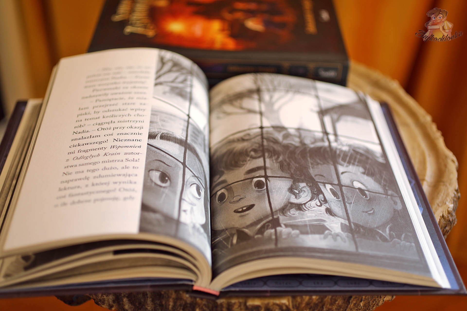 czarno-biała ilustracja z książki Szkoła Astromagów przedstawiająca dzieci obserwujące coś przez okno szkoły magiiczarno-biała ilustracja z książki Szkoła Astromagów przedstawiająca dzieci obserwujące coś przez okno szkoły magii