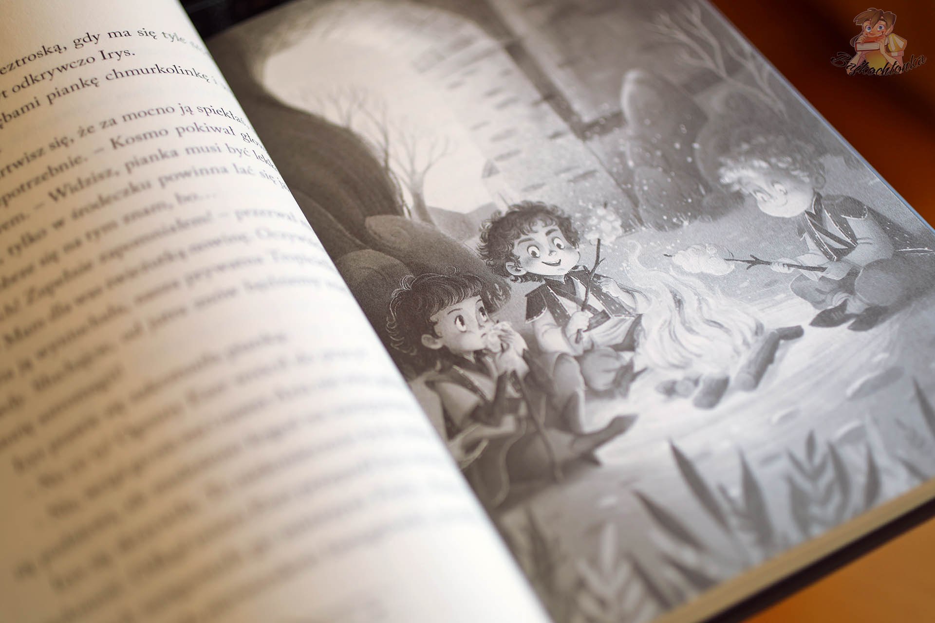 ilustracja z książki Szkoła Astromagów Tajniki Ognia przedstawiająca dzieci siedzące przy ognisku w magicznej krainie