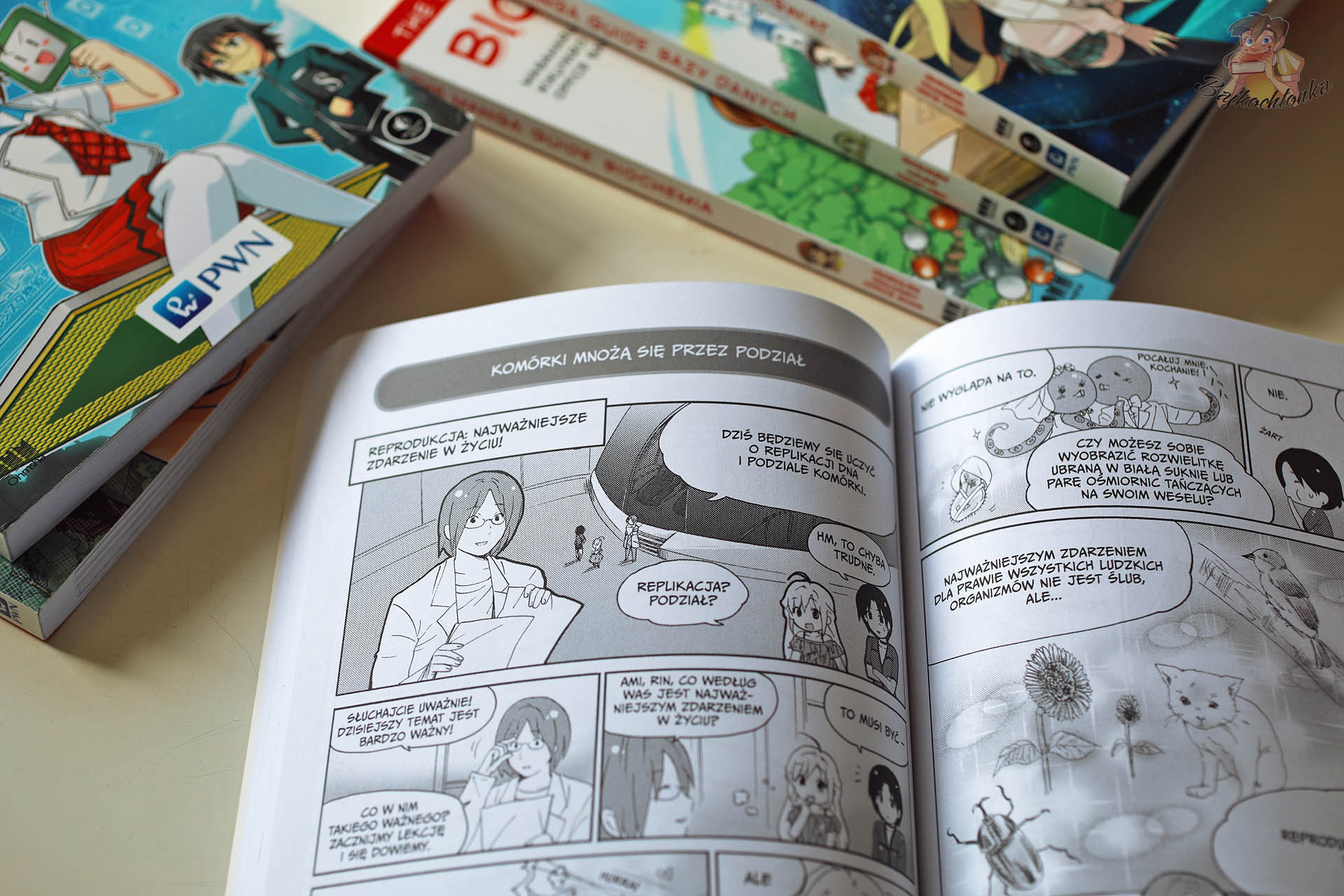 Strona komiksowa z książki The Manga Guide. Biologia molekularna pokazująca rozmowę bohaterów o podziale komórkiStrona komiksowa z książki The Manga Guide. Biologia molekularna pokazująca rozmowę bohaterów o podziale komórki