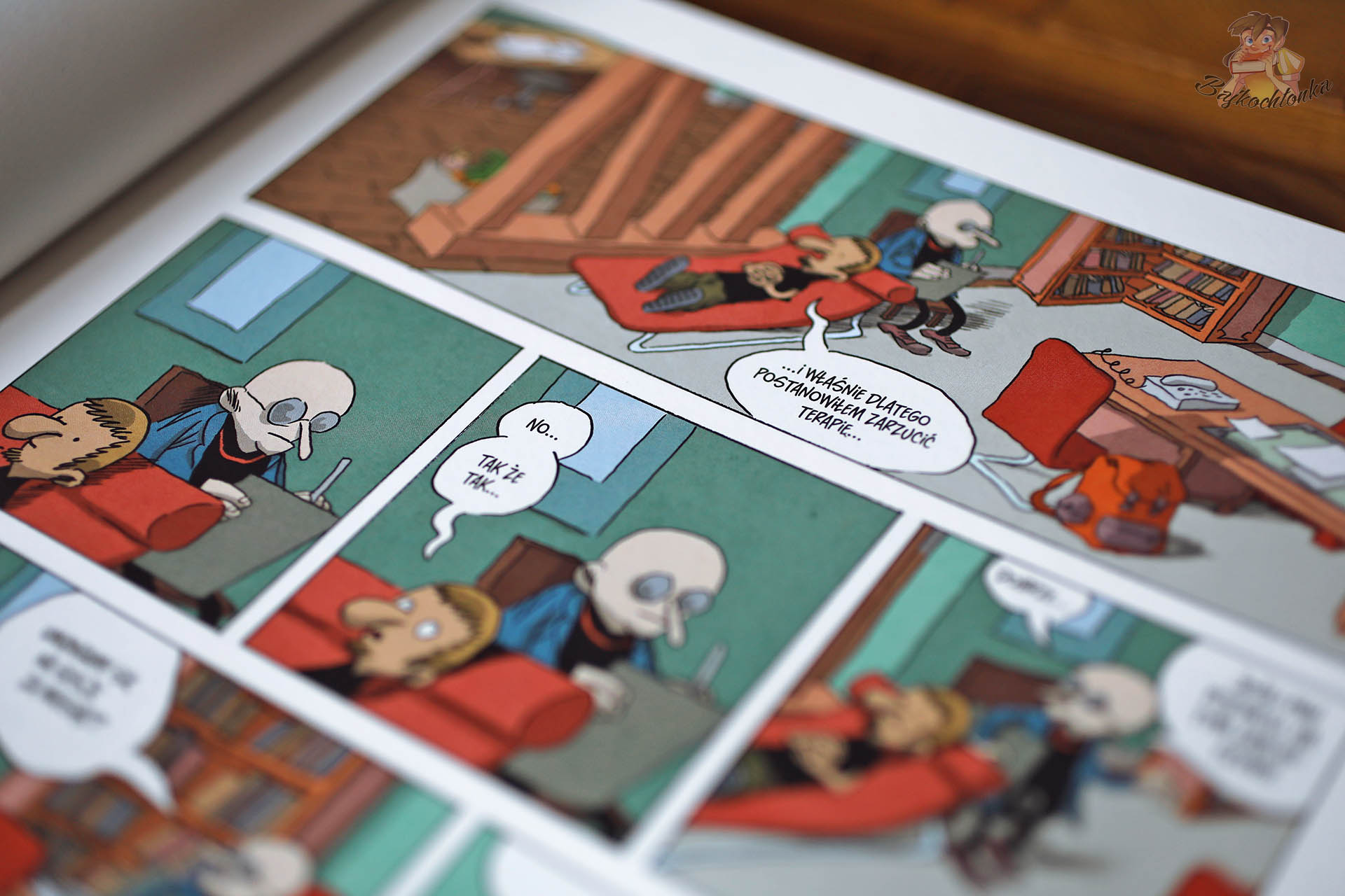 Kadr z komiksu Codzienna walka Manu Larceneta przedstawiający scenę terapii i rozmowę bohaterów