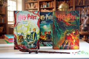 Polskie wydania Harry Potter i Komnata Tajemnic, Harry Potter i Kamień Filozoficzny oraz Harry Potter i Więzień Azkabanu na tle biblioteki