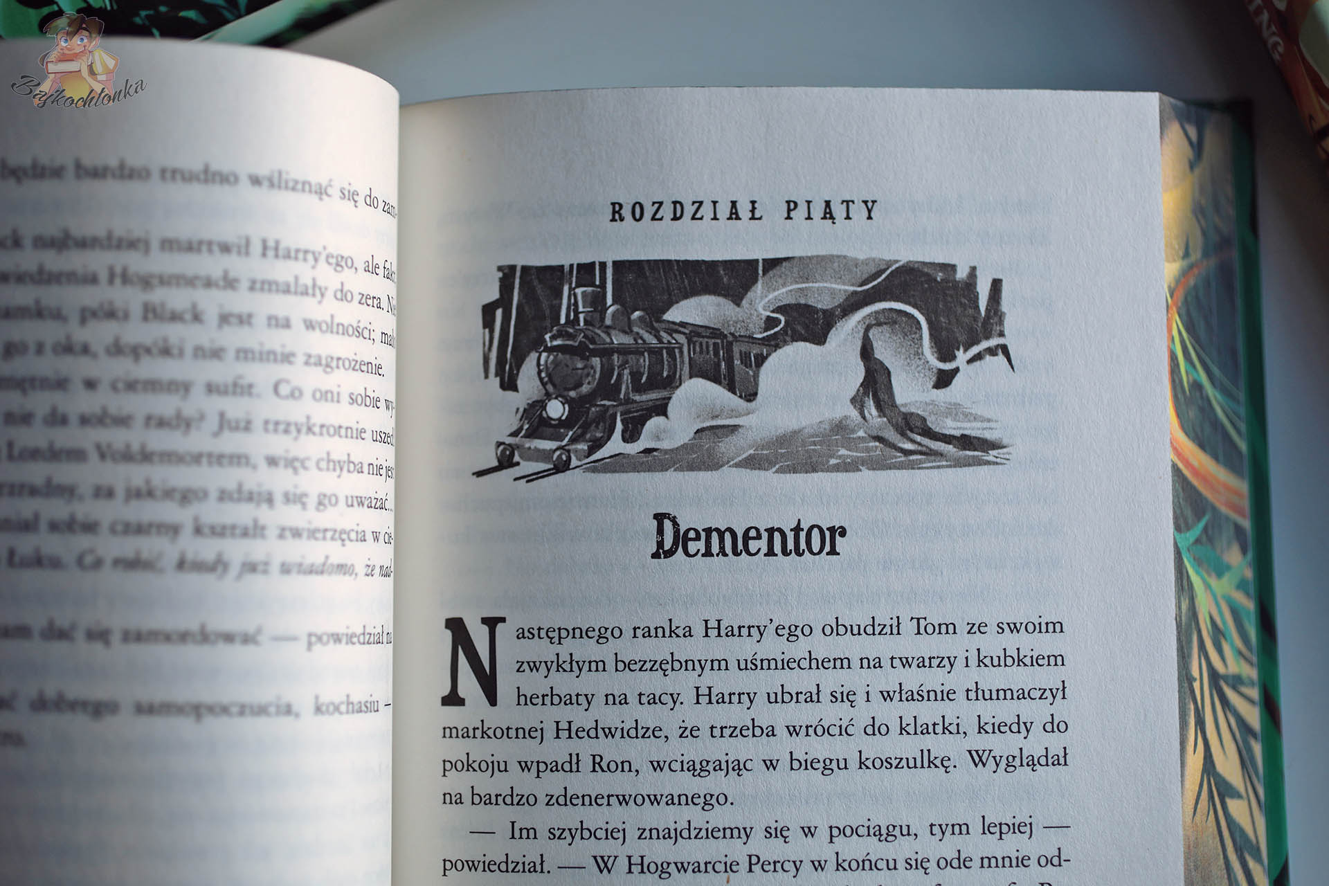 Wnętrze książki Harry Potter i Więzień Azkabanu z rozdziałem „Dementor” i ilustracją pociągu