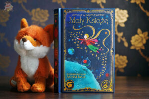 książka Mały Książę MinaLima ustawiona obok pluszowego liska na ciemnym tle