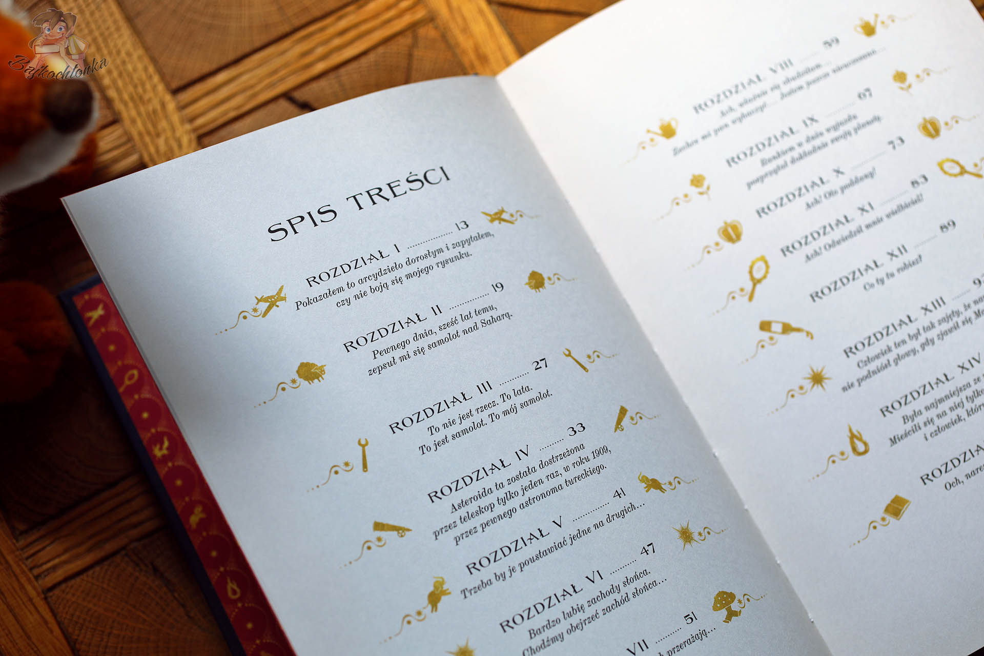 spis treści w książce Mały Książę MinaLima z ozdobnymi złotymi detalami