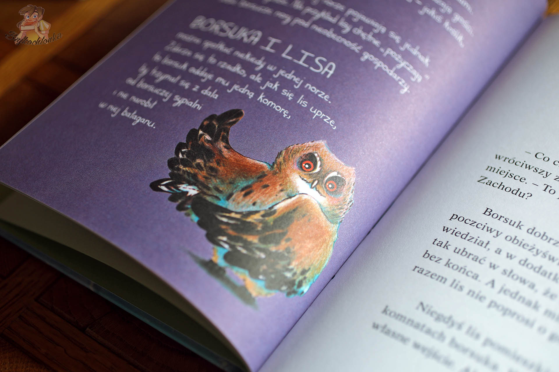 Strona z rozdziałem Borsuk i lis w książce Pogoda dla puchaczy. Wiosna
