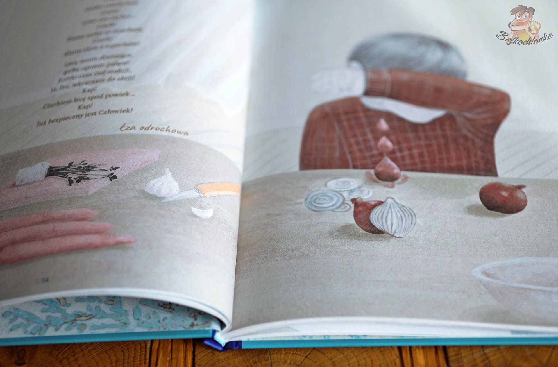 Rozkładówka z cebulą i ilustracją łzy odruchowej w książce Połezja Judyty Nadziejko-Walter