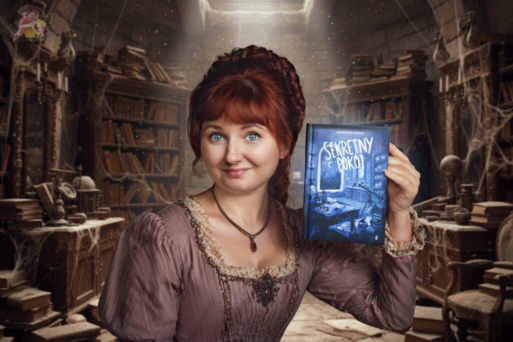 Kobieta w stylizowanej sukni trzyma książkę Sekretny pokój Małgorzaty Starosty na tle tajemniczej biblioteki