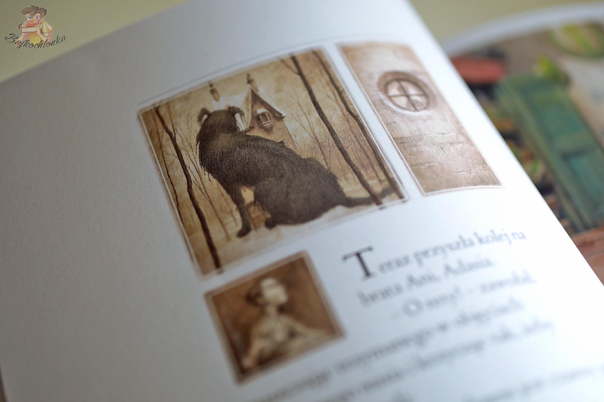 Początek historii w książce Czarny pies Leviego Pinfolda z ilustracją psa przy domu rodziny Nadziejaków.