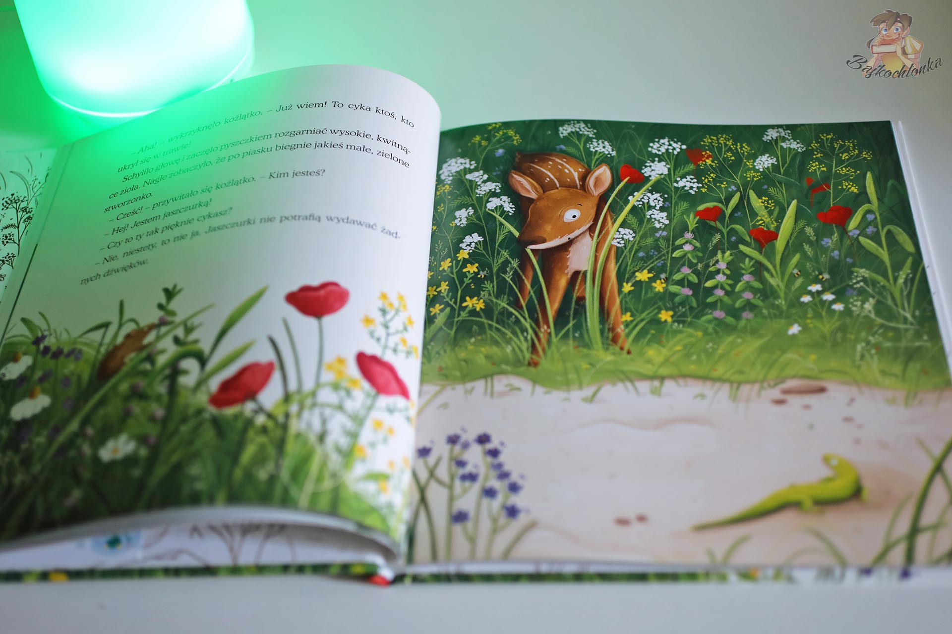 Małe koźlątko ukryte w trawie na ilustracji z książki Dobranocki. Na łące