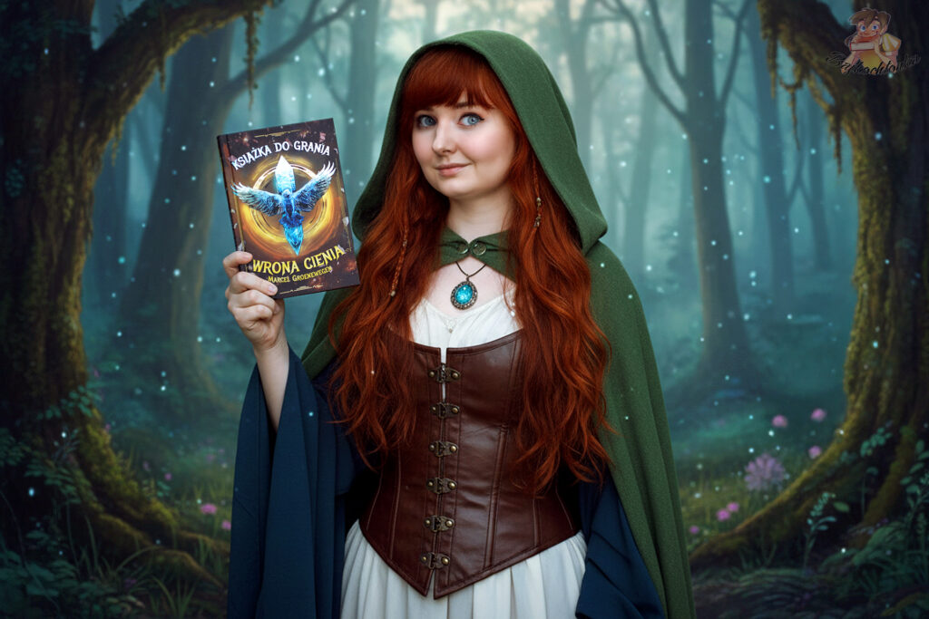 Książka Książka do grania. Wrona Cienia Marcela Groenewegena w leśnej stylizacji fantasy, promująca interaktywną przygodę dla młodych czytelników i graczy.