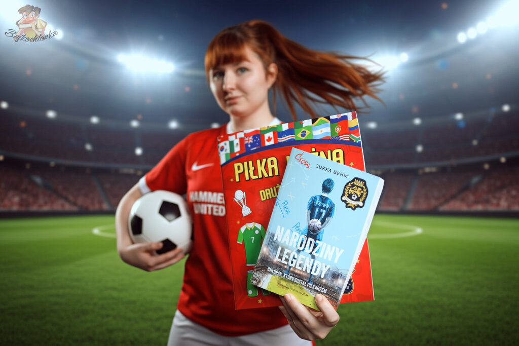 Kobieta trzyma książki piłkarskie Narodziny legendy i Piłka nożna. Drużyny, flagi, barwy na tle stadionu