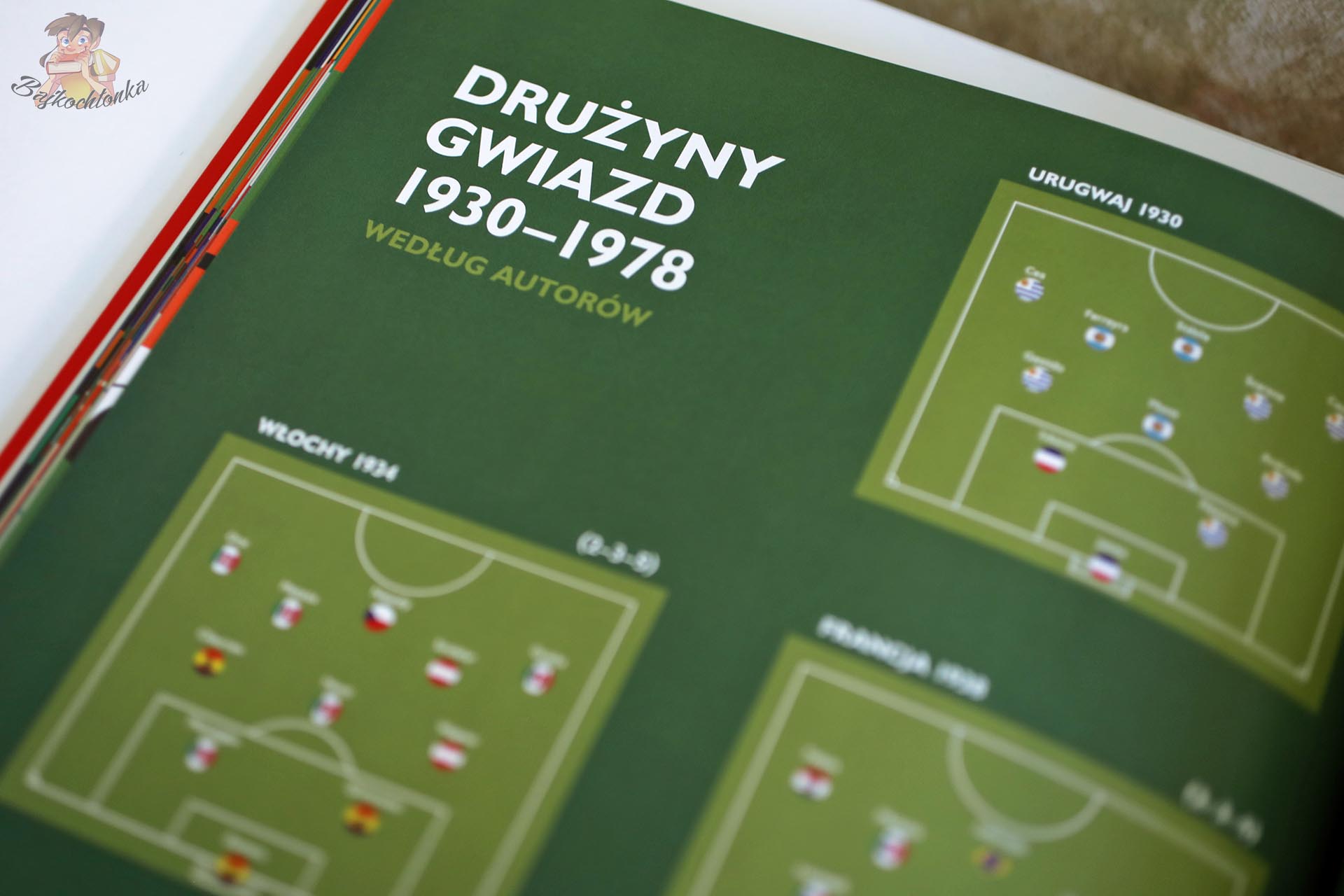 Rozkładówka z książki Mundiale. Wielka księga kibica przedstawiająca drużyny gwiazd mistrzostw świata z lat 1930–1978.