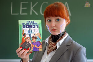 Dziewczyna ucharakteryzowana na nauczycielkę robota trzyma książkę Nasz nauczyciel robot Hanne Gjerde na tle szkolnej tablicy