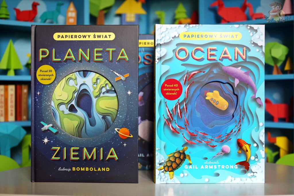 Okładki książek Ocean. Papierowy Świat i Planeta Ziemia. Papierowy Świat z serii popularnonaukowej Wydawnictwa Tekturka.Okładki książek Ocean. Papierowy Świat i Planeta Ziemia. Papierowy Świat z serii popularnonaukowej Wydawnictwa Tekturka.