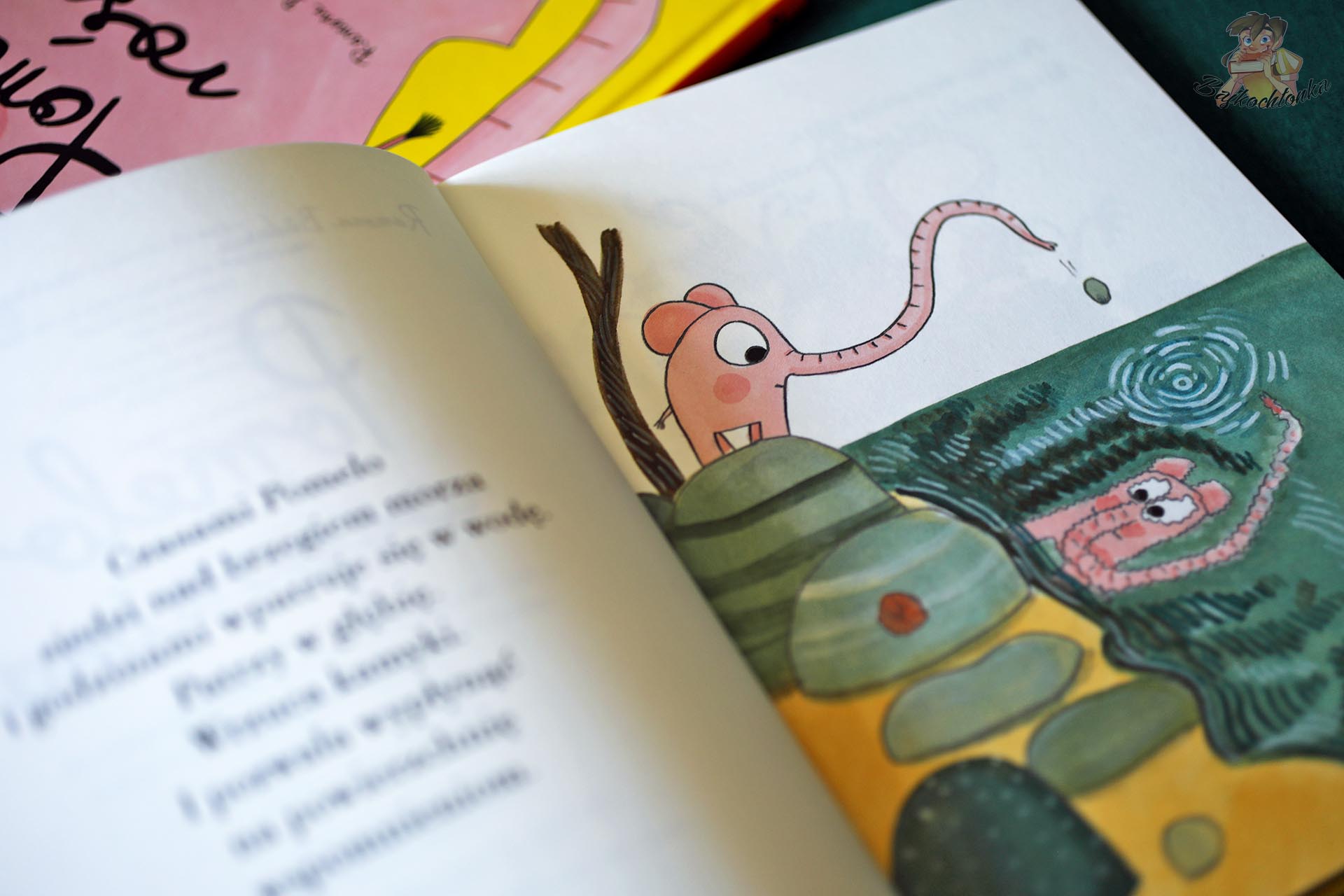 Ilustracja z książki Pomelo wspomina, przedstawiająca różowego słonia Pomelo nad wodą i jego odbicie na powierzchni.