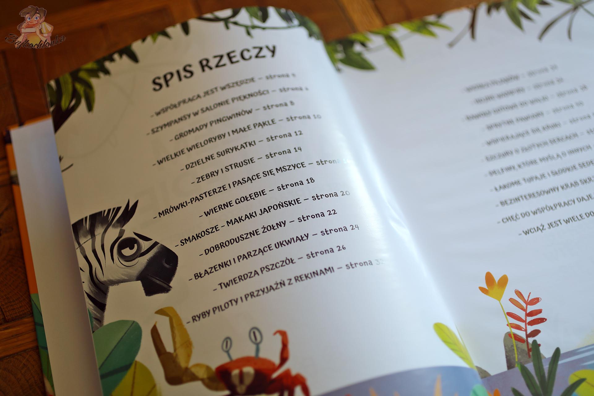 Spis treści książki Razem nam lepiej. O współpracy wśród zwierząt z przykładami zwierzęcych zachowań społecznych.
