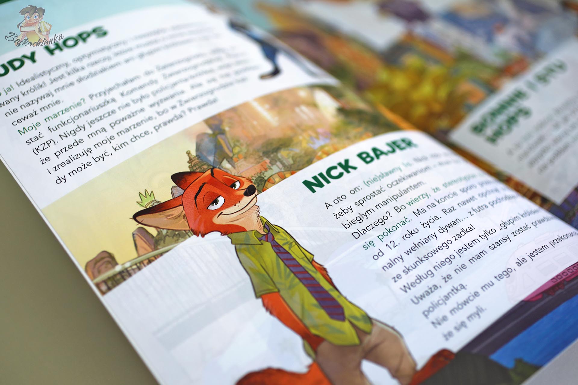 Strona komiksu Zwierzogród z opisem Nicka Bajera, lisa i jednego z głównych bohaterów historii Disneya