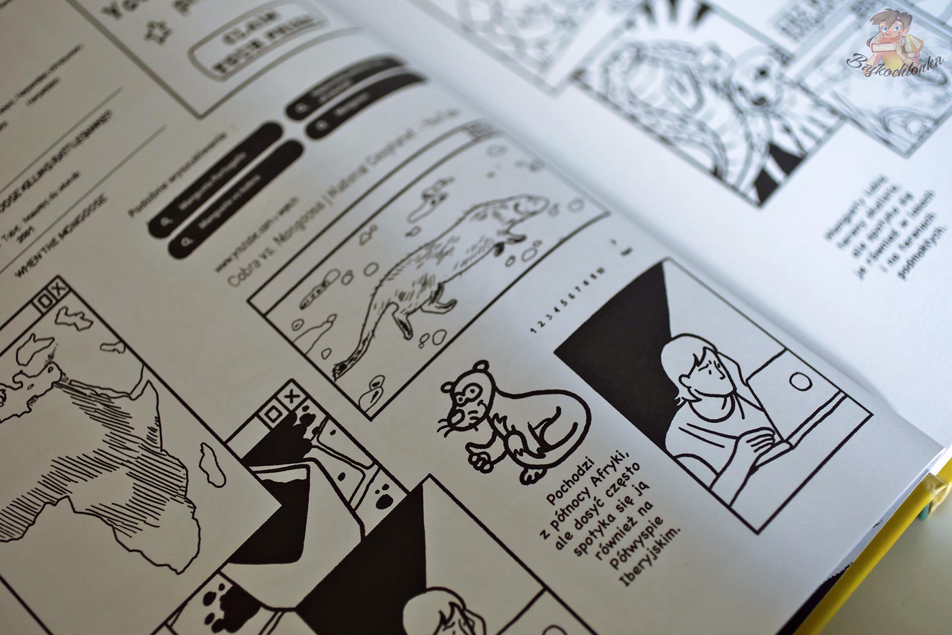 Strony komiksu Mangusta Joany Mosi z rysunkiem tytułowej mangusty jako ważnego symbolu historii