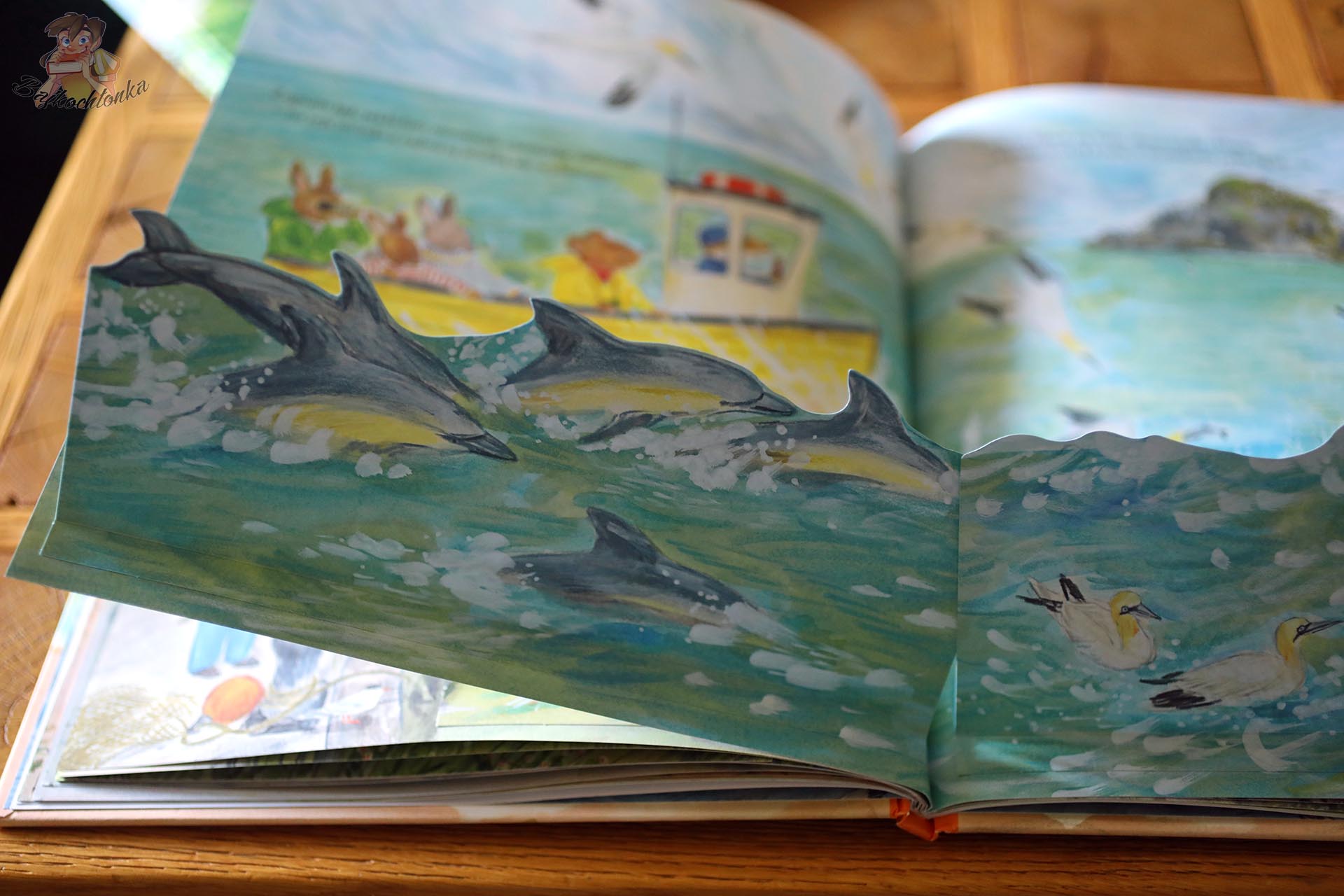 Ilustracja delfinów i morskich ptaków z książki Myszka i morze Alice Melvin
