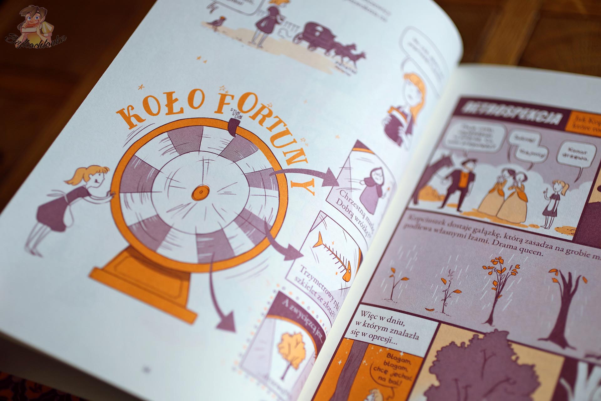 Komiksowa plansza Koło fortuny w książce Na końcu wszyscy umierają o motywach baśniowych